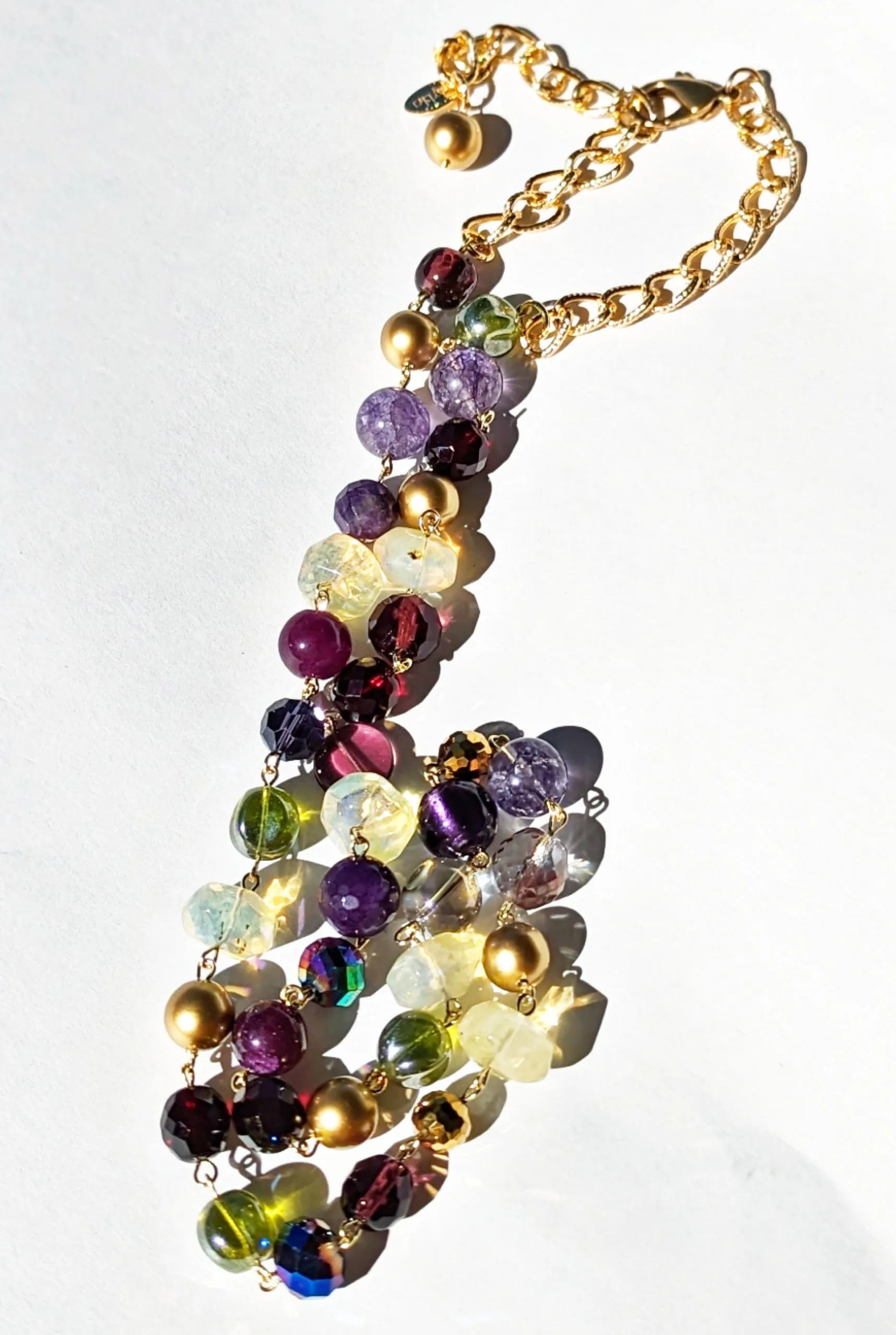 Purple Green Opalite Garnet Gold Hand Linked Darling Necklace Gay Isber one of a kind USA