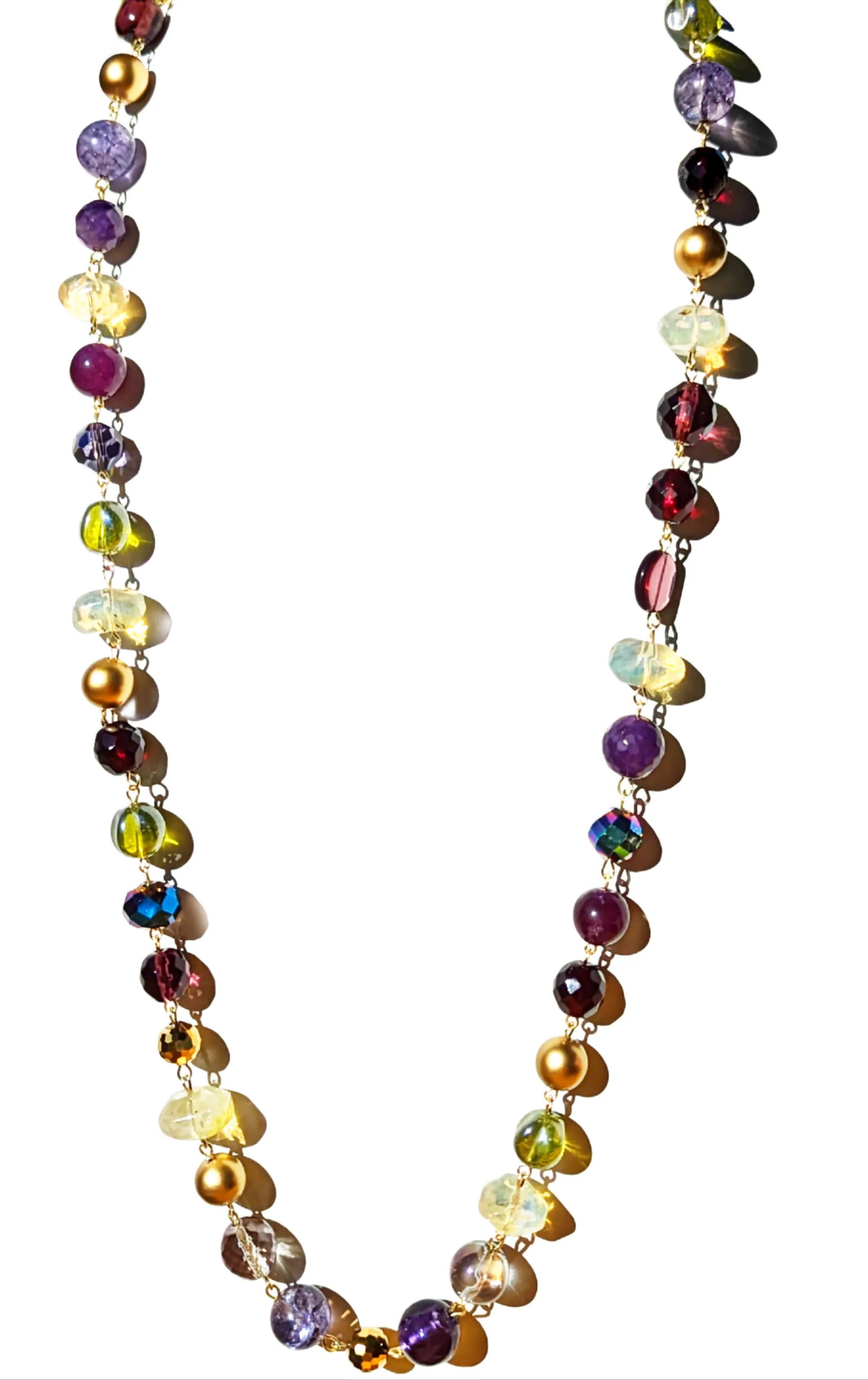Purple Green Opalite Garnet Gold Hand Linked Darling Necklace Gay Isber one of a kind USA