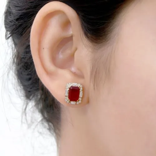 Rectangular Diamond & Ruby Gemstone Stud Earrings