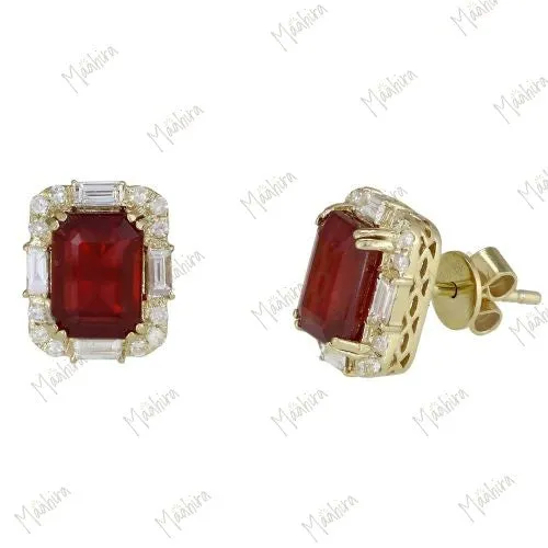 Rectangular Diamond & Ruby Gemstone Stud Earrings
