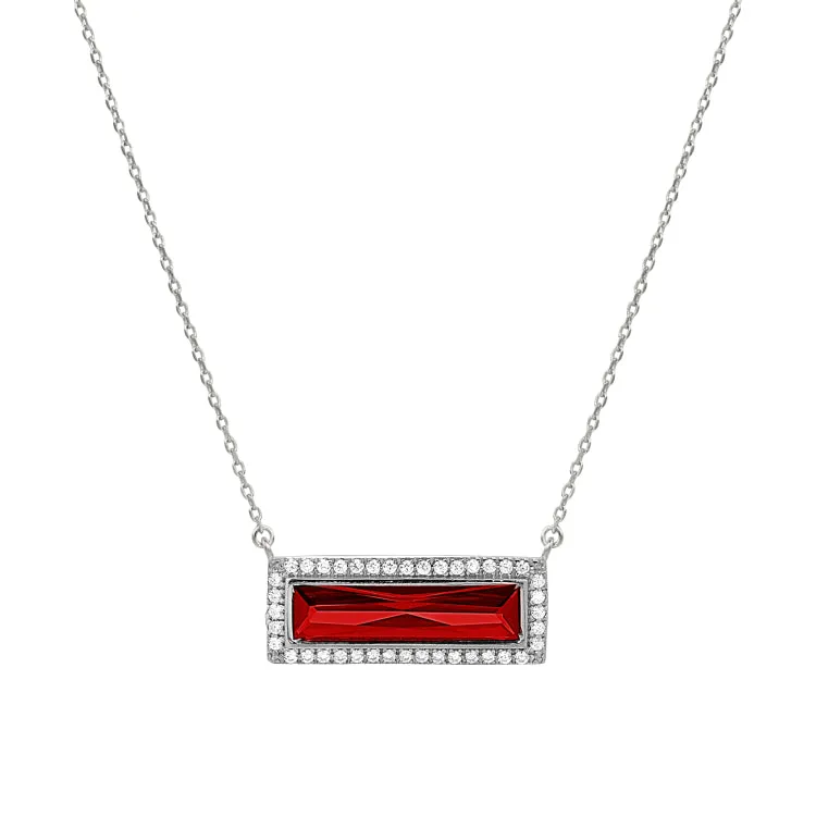 Rhodium Finish Sterling Silver Necklace with Rectangular Simulated Garnet Stone and Simulated Diamonds on 16" - 18" Chain