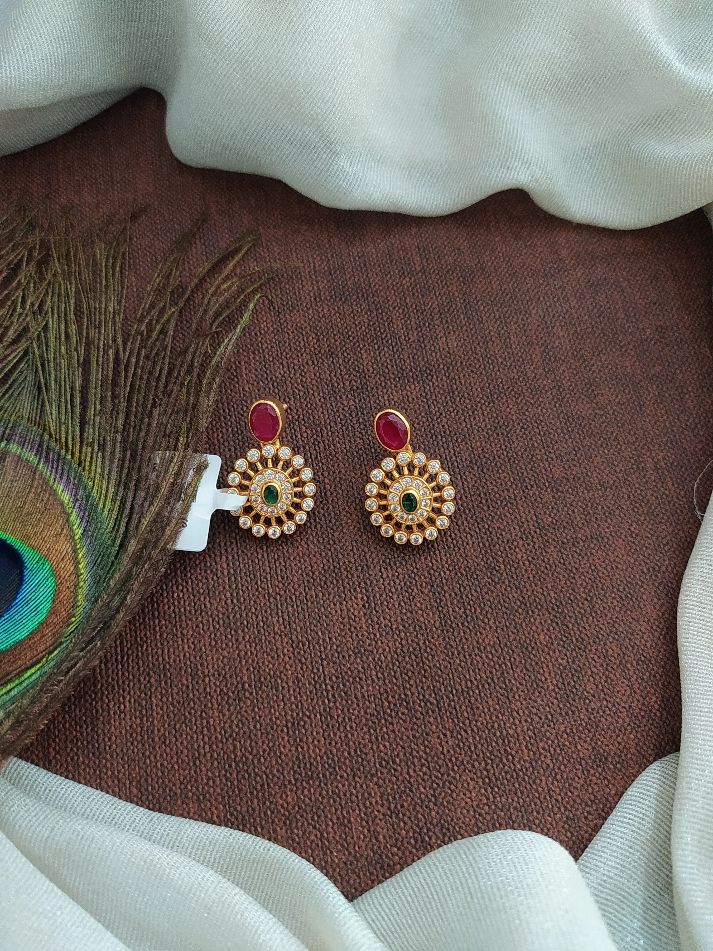 Ruby with Round White and Center Emerald Pure Silver Earrings