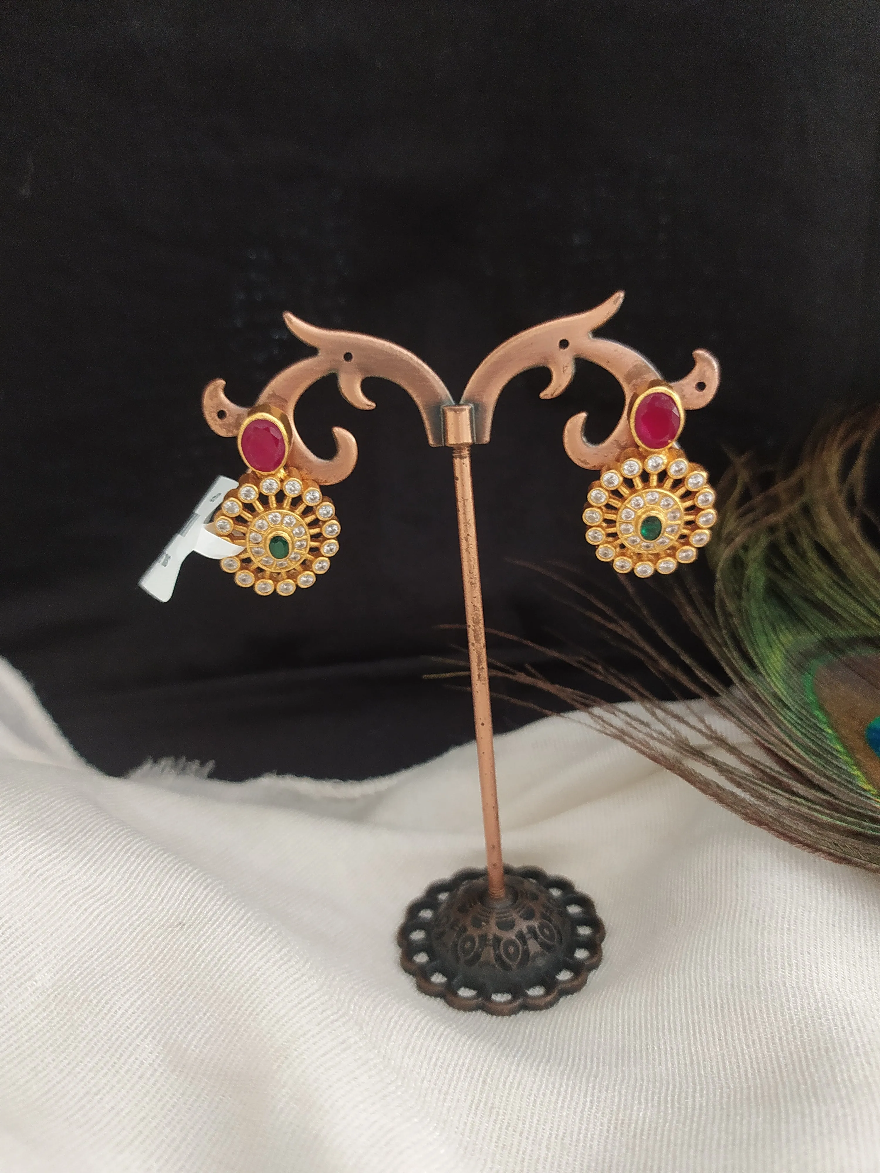 Ruby with Round White and Center Emerald Pure Silver Earrings