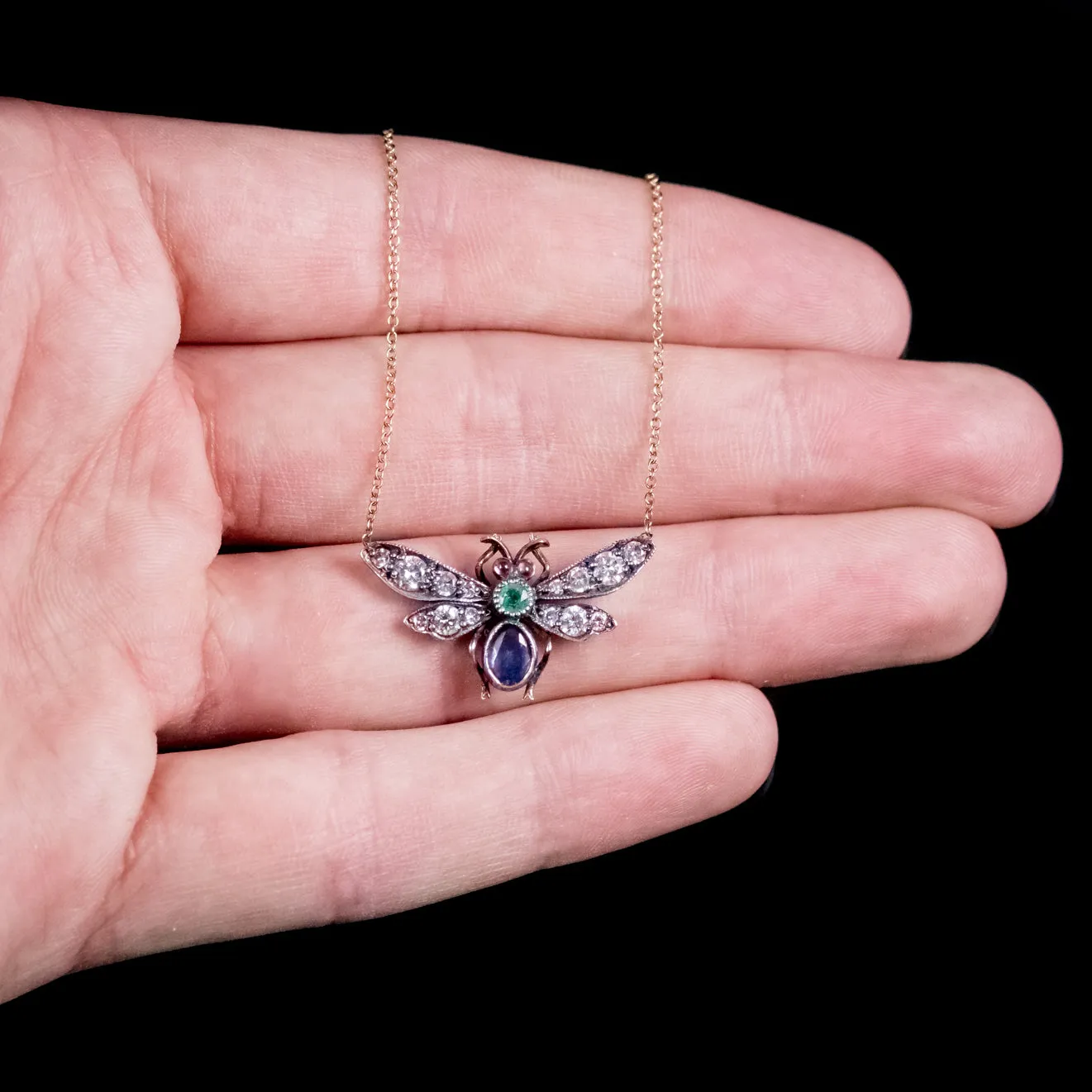 Sapphire Diamond Emerald Garnet Insect Pendant Necklace 18Ct Gold Silver