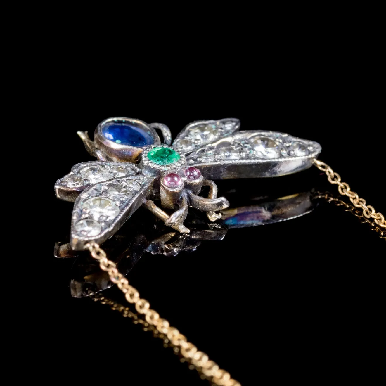Sapphire Diamond Emerald Garnet Insect Pendant Necklace 18Ct Gold Silver