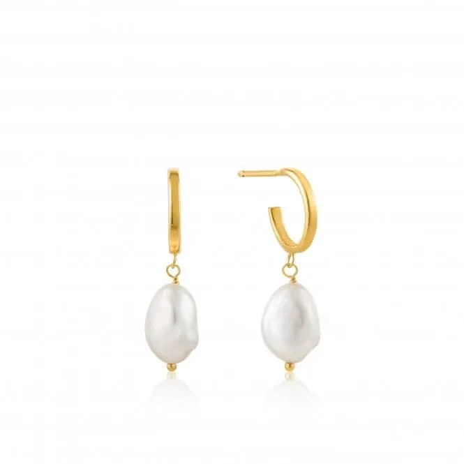 Shiny Gold Pearl Mini Hoop Earrings E019-02G