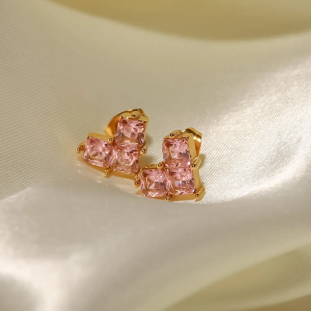 SISSLIA New Titanium Steel Heart Shape Fashion Stainless Steel Inlaid White/Pink Zircon Earrings for Women