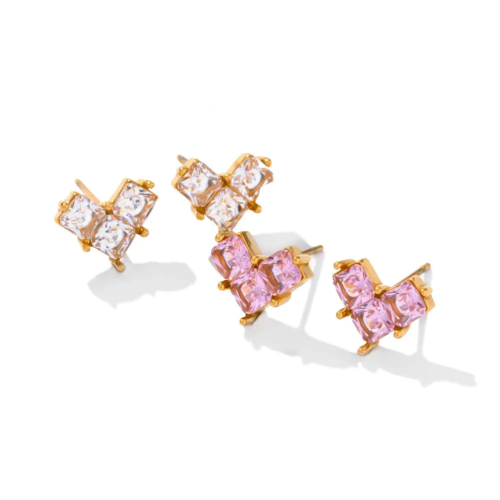 SISSLIA New Titanium Steel Heart Shape Fashion Stainless Steel Inlaid White/Pink Zircon Earrings for Women