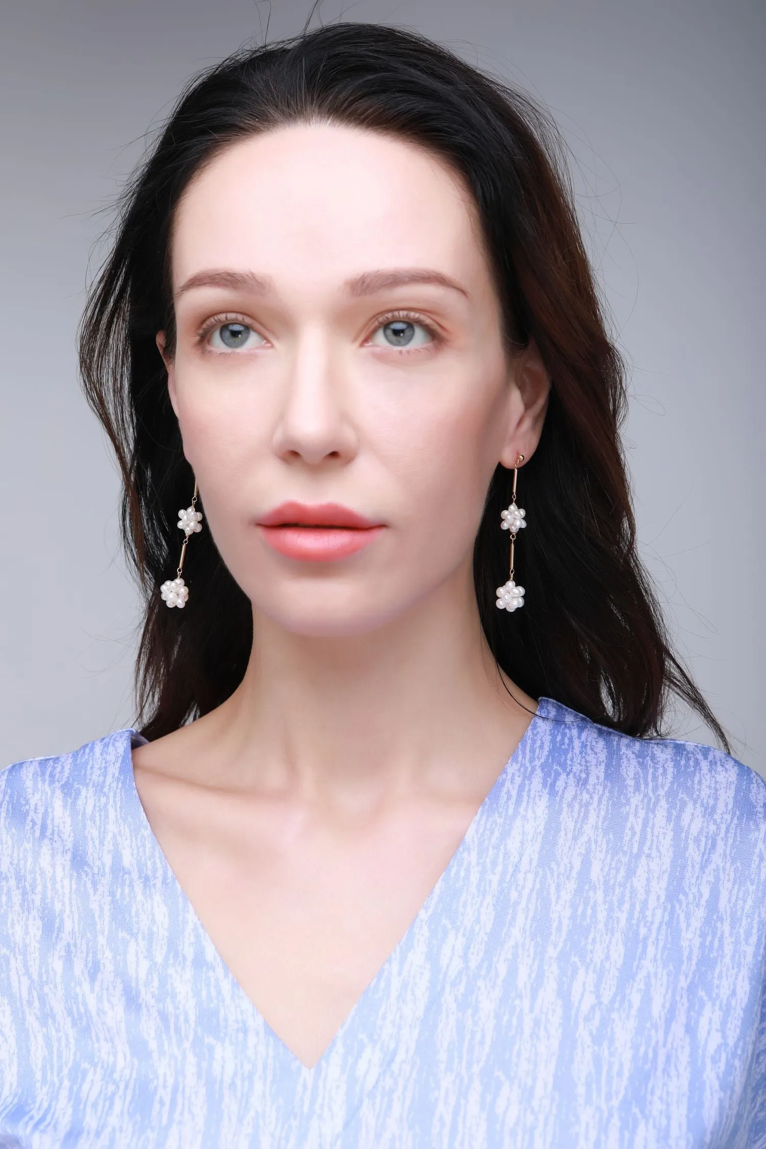 Starry Series Double Cluster Floral Pearl Drop Stud Earrings