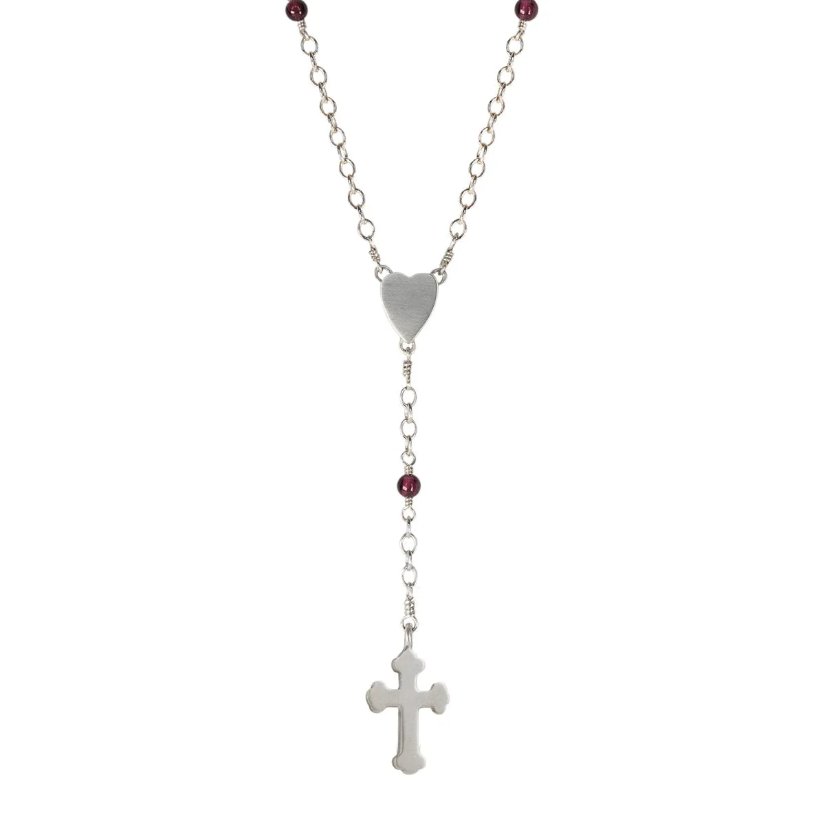 Sterling Silver Heart and Cross Rosary Necklace on Garnet Chain