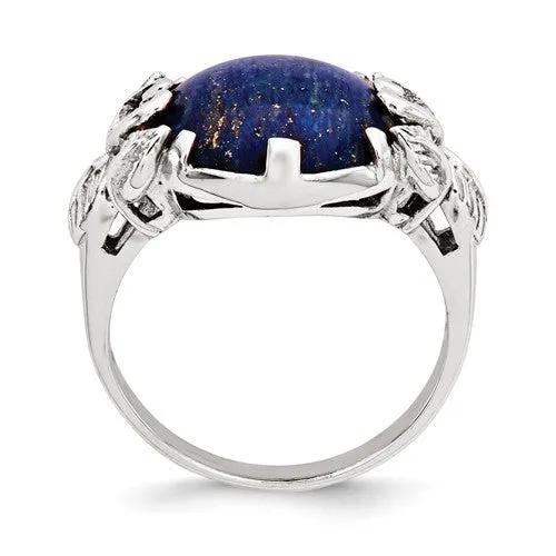 Sterling Silver Round Lapis Lazuli Leaf Design Ring