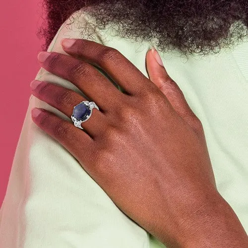 Sterling Silver Round Lapis Lazuli Leaf Design Ring