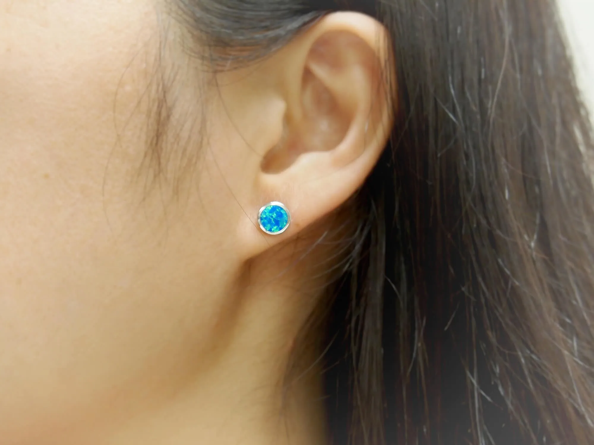 Sterling Silver Synthetic Opal Circle Stud Earrings 8mm