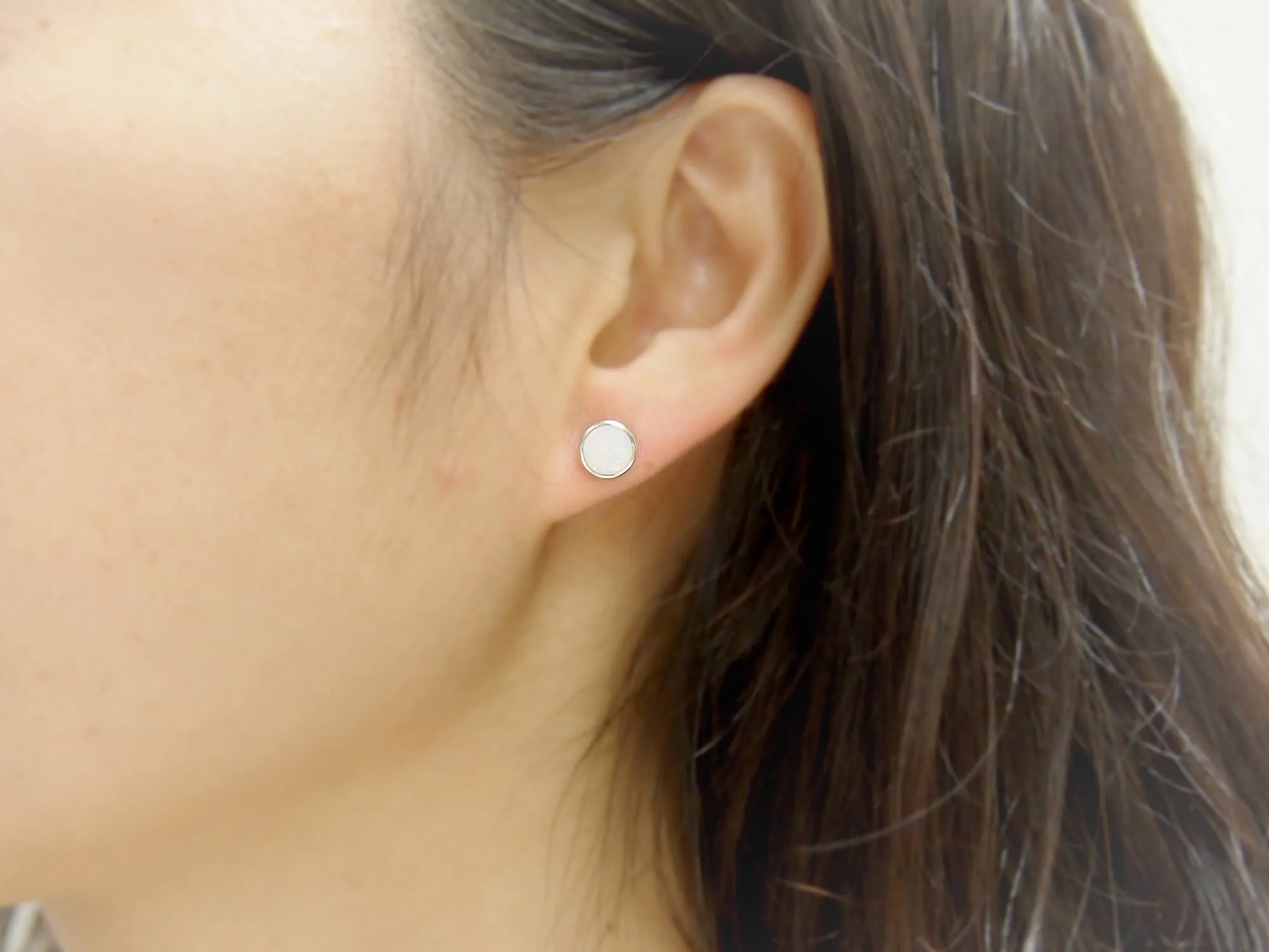 Sterling Silver Synthetic Opal Circle Stud Earrings 8mm