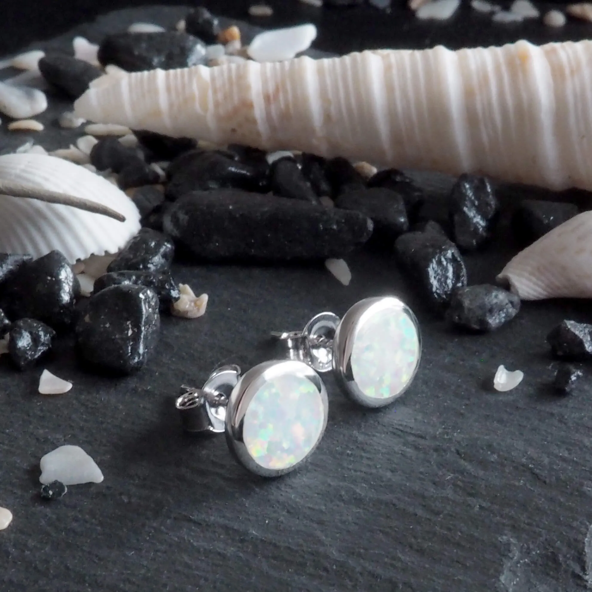Sterling Silver Synthetic Opal Circle Stud Earrings 8mm