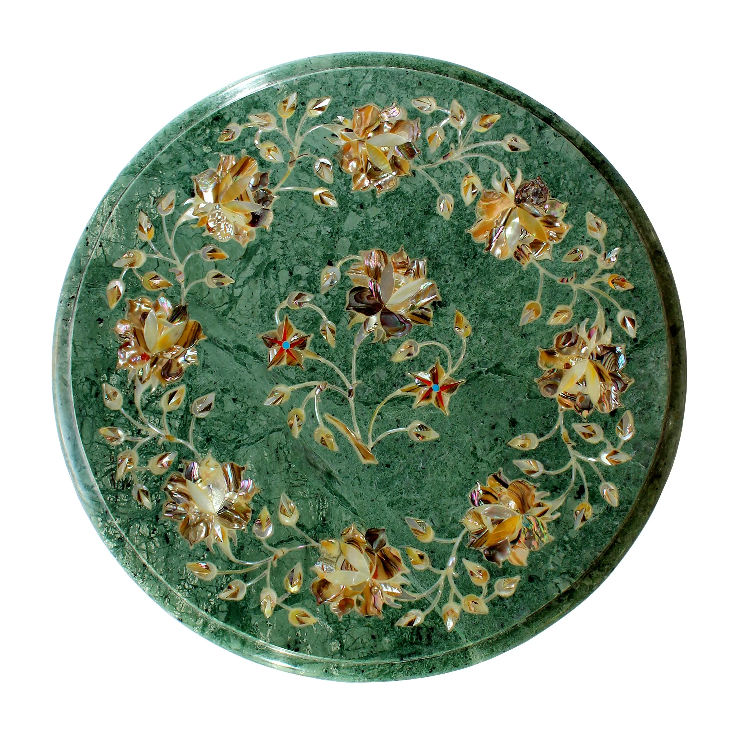 StonKraft 12" Dia Handcrafted Marble Coffee/Corner Table Top with Pietre Dura Artwork/Inlay work.