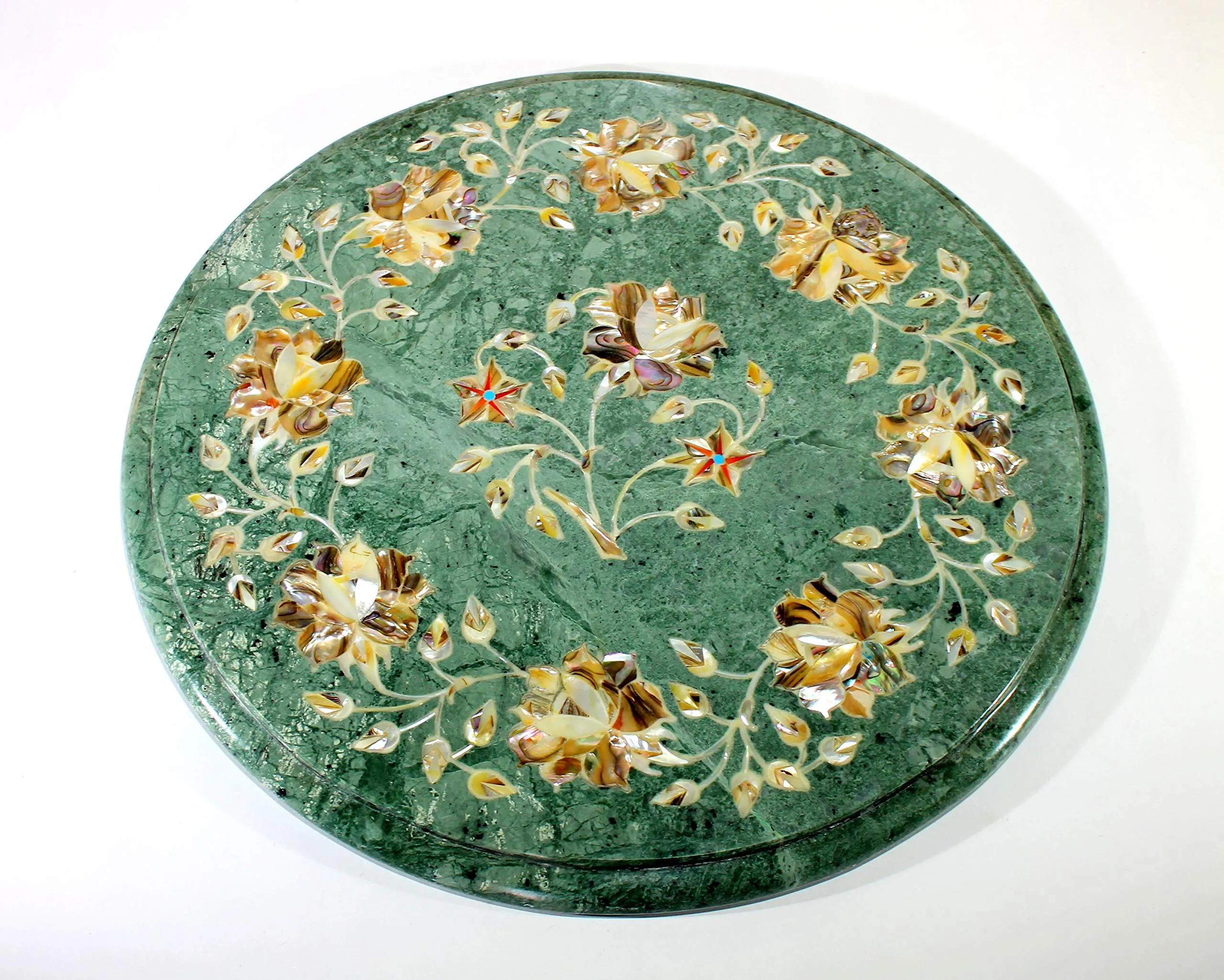 StonKraft 12" Dia Handcrafted Marble Coffee/Corner Table Top with Pietre Dura Artwork/Inlay work.
