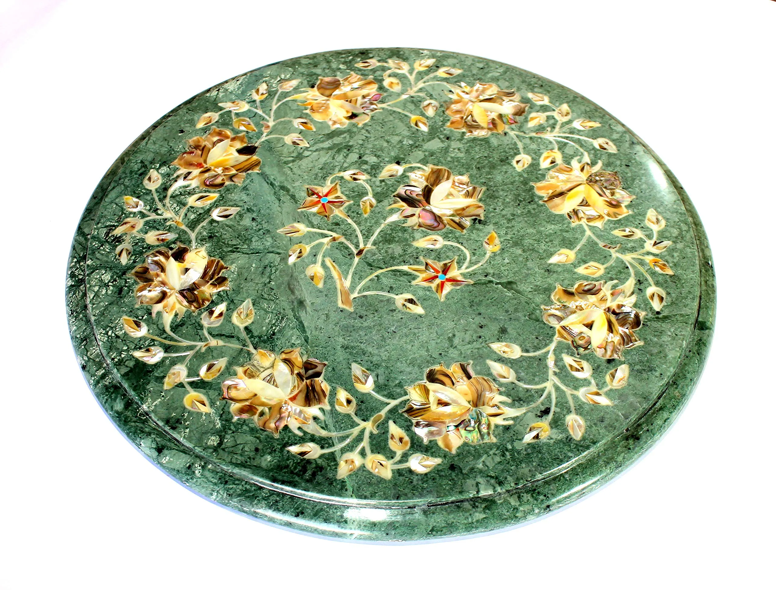 StonKraft 12" Dia Handcrafted Marble Coffee/Corner Table Top with Pietre Dura Artwork/Inlay work.