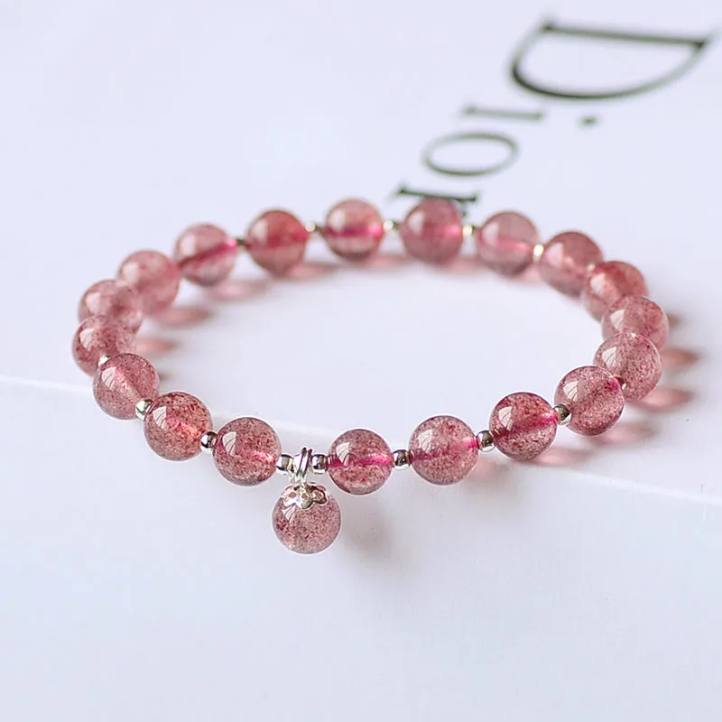 Strawberry Quartz Sterling Silver Bead Bracelet Handmade Jewelry Accessories Gifts for Women