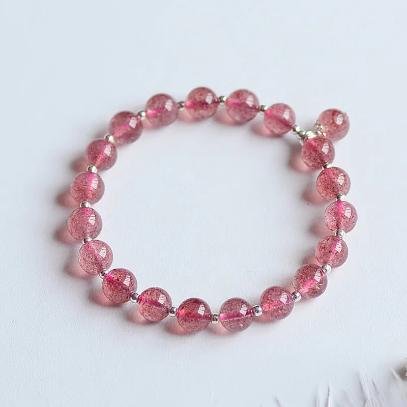 Strawberry Quartz Sterling Silver Bead Bracelet Handmade Jewelry Accessories Gifts for Women