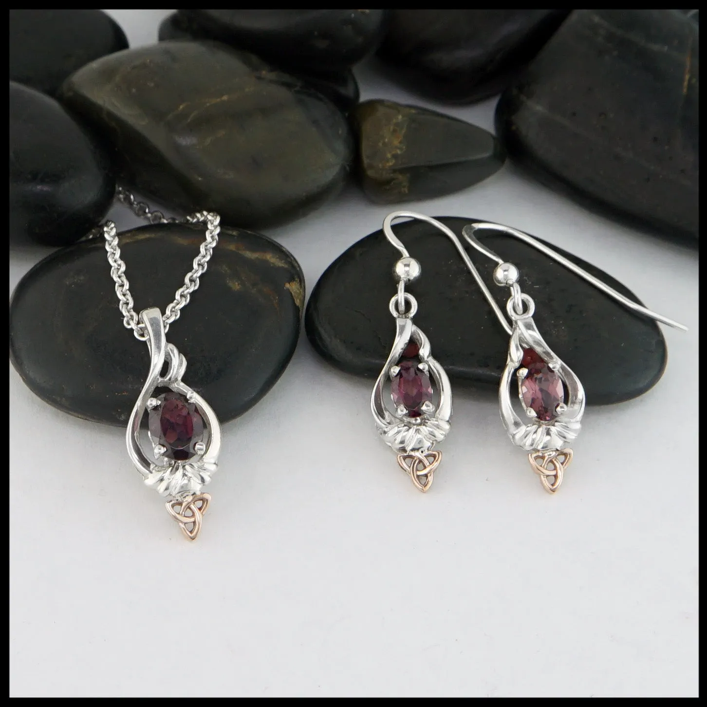 Trinity Twist Set with Rhodolite Garnet