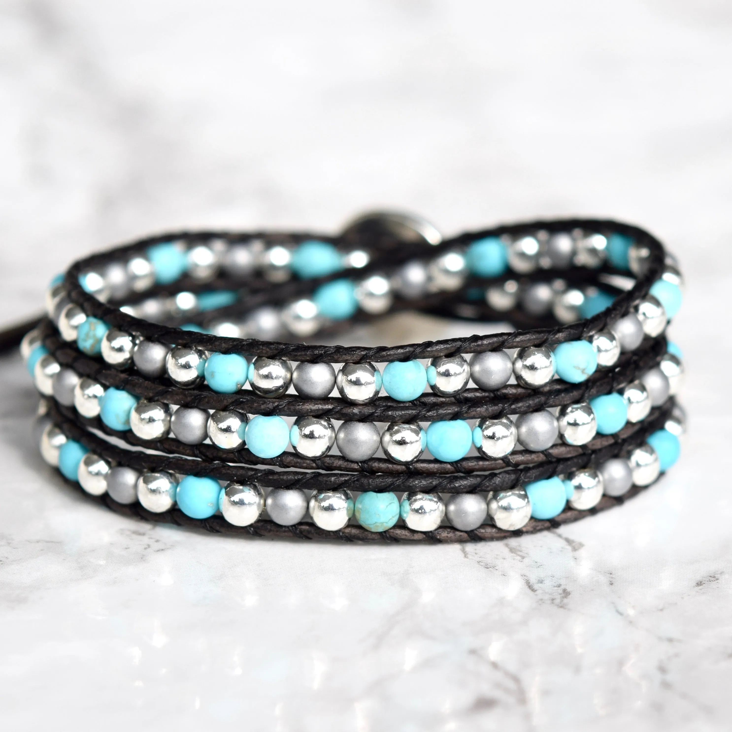 Turquoise Howlite & Silver Mixed Wrap Bracelet
