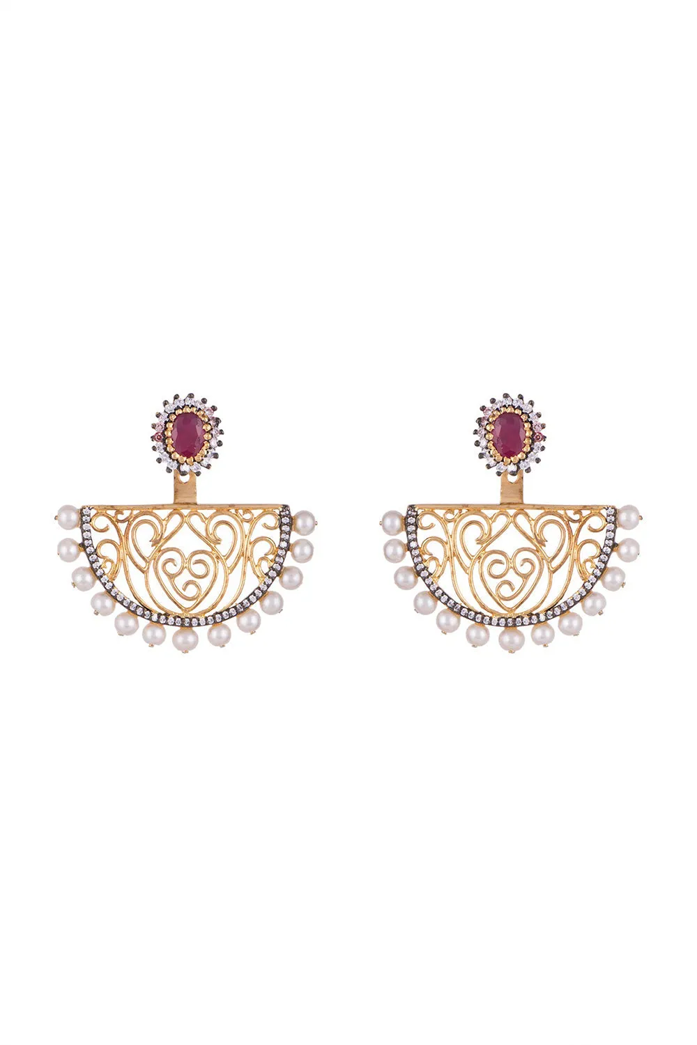 Two Tone Finish Zircon Pearl Gold Finish Earrings