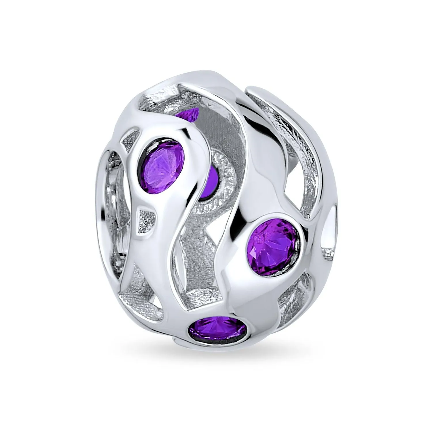 Wave Cubic Zirconia Charm Bead Simulated Sapphire or Amethyst Sterling Silver