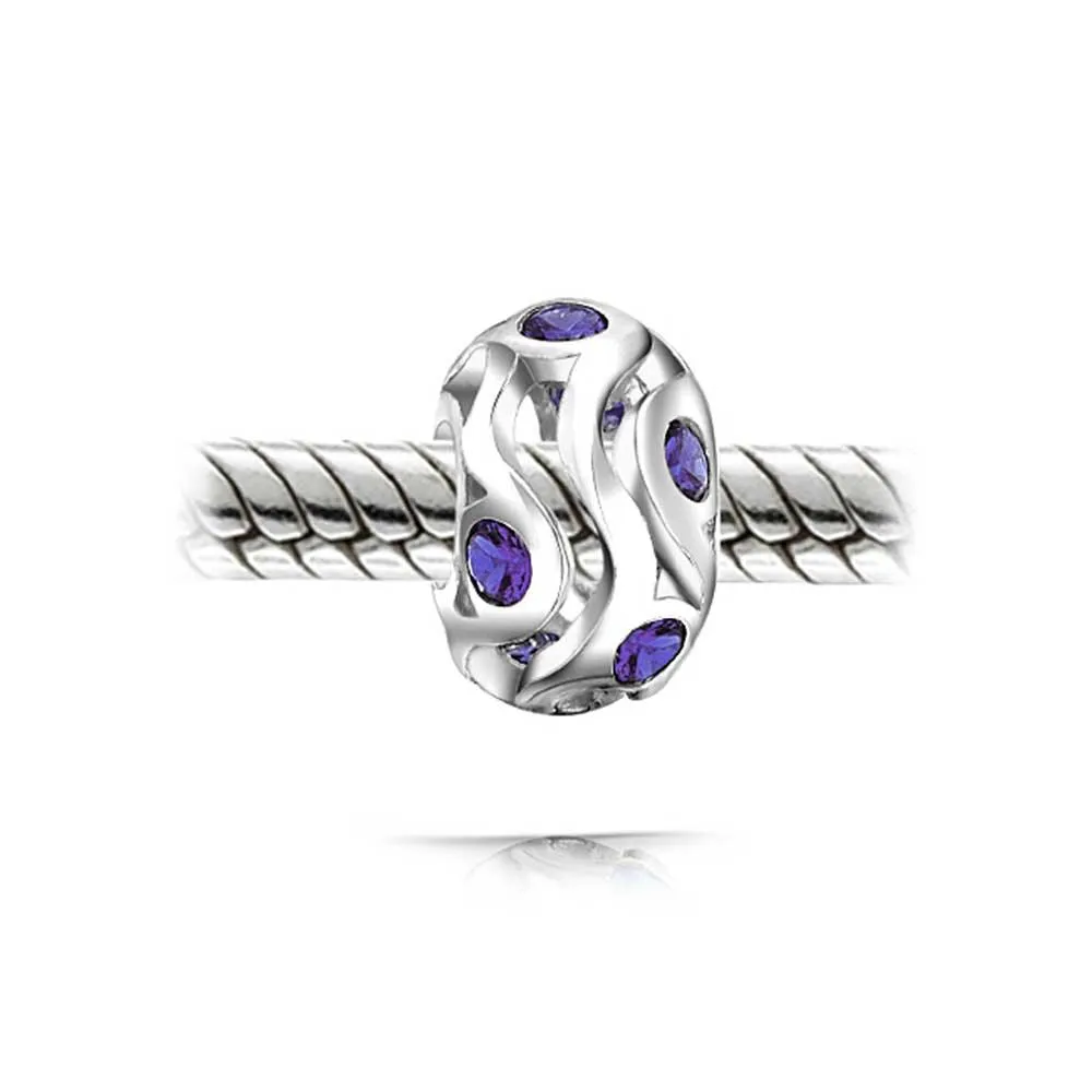 Wave Cubic Zirconia Charm Bead Simulated Sapphire or Amethyst Sterling Silver