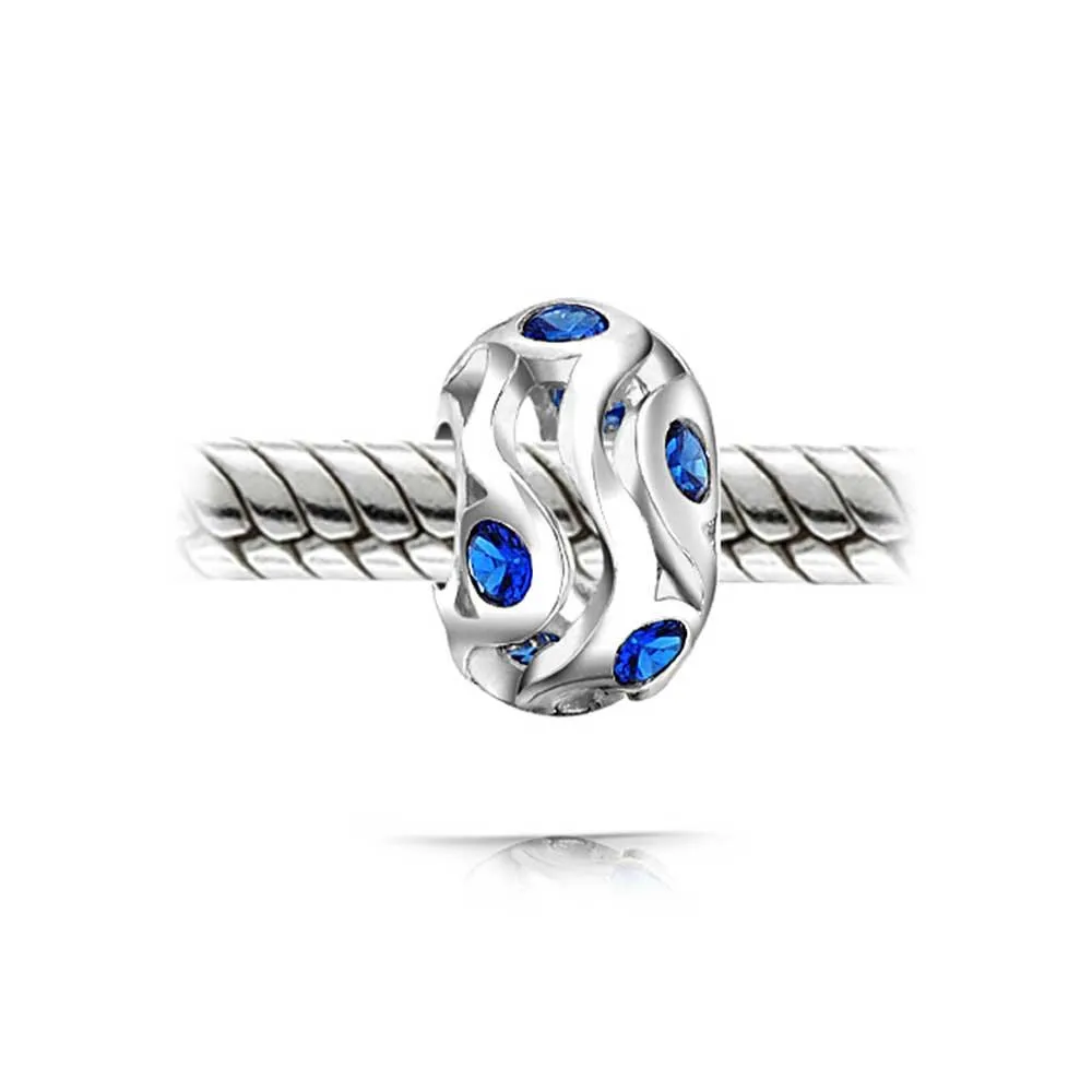 Wave Cubic Zirconia Charm Bead Simulated Sapphire or Amethyst Sterling Silver