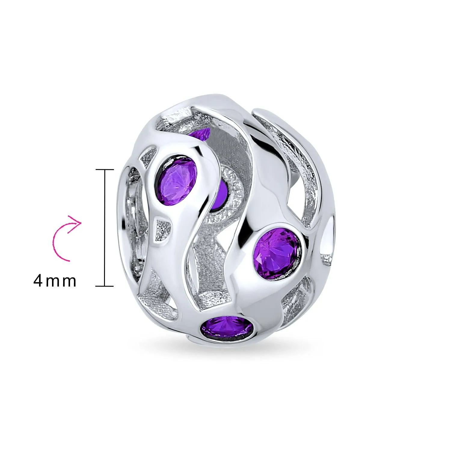 Wave Cubic Zirconia Charm Bead Simulated Sapphire or Amethyst Sterling Silver