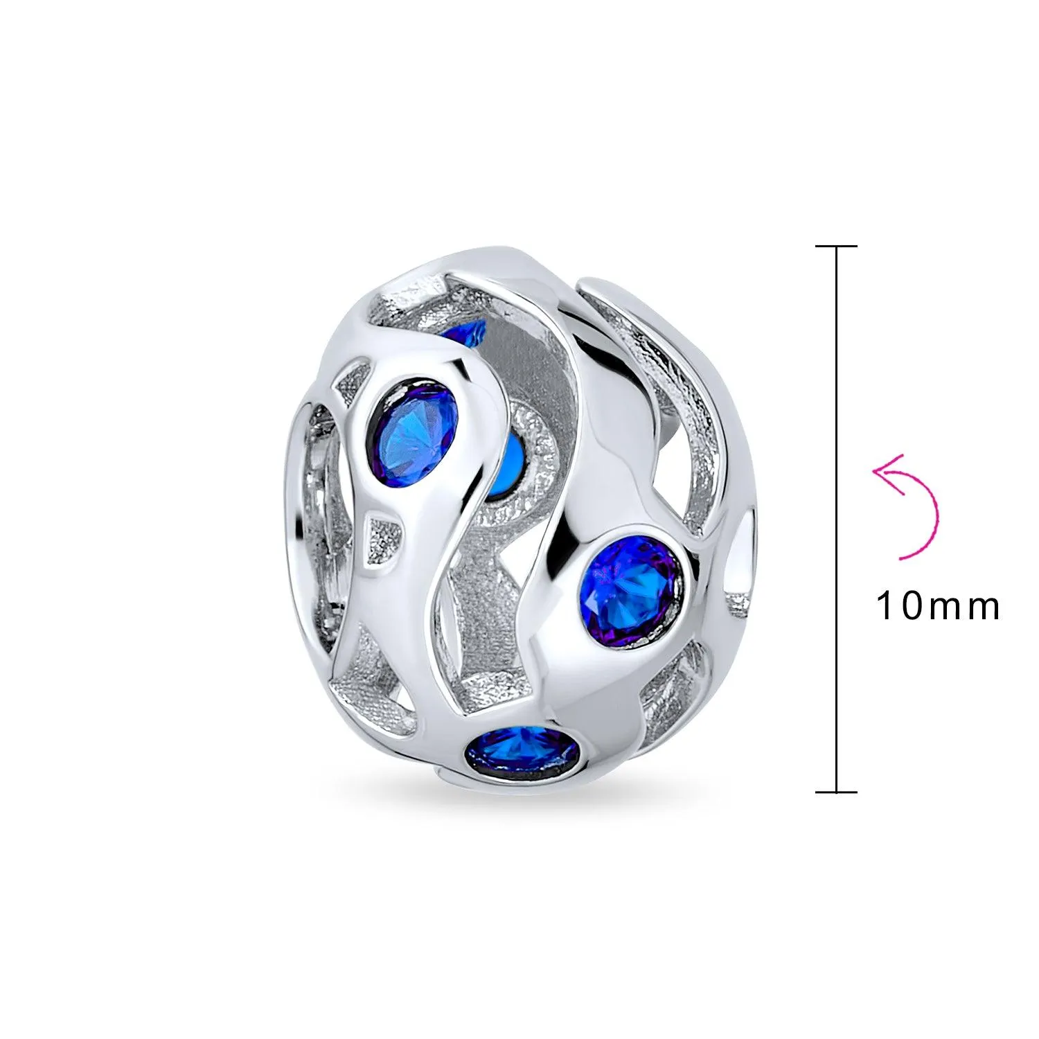Wave Cubic Zirconia Charm Bead Simulated Sapphire or Amethyst Sterling Silver
