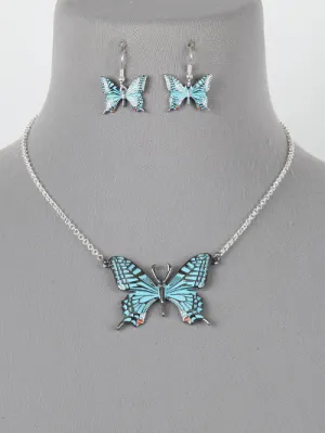 Womens Blue Fashion Butterfly Pendant Metal Necklace Set
