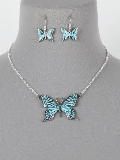Womens Blue Fashion Butterfly Pendant Metal Necklace Set